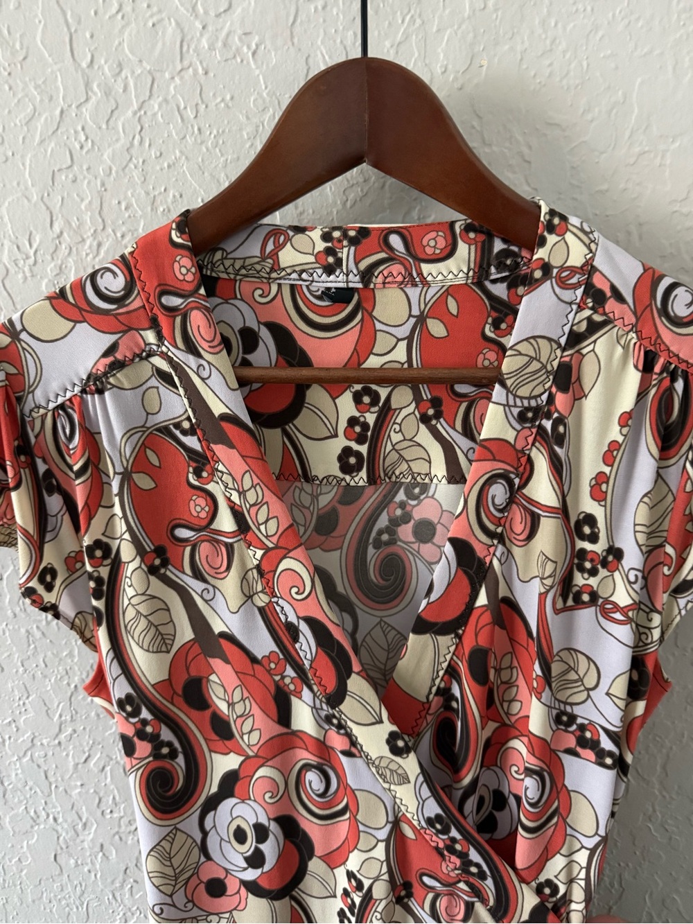 Tahari Coral and Cream Paisley Wrap Blouse Vintage Print